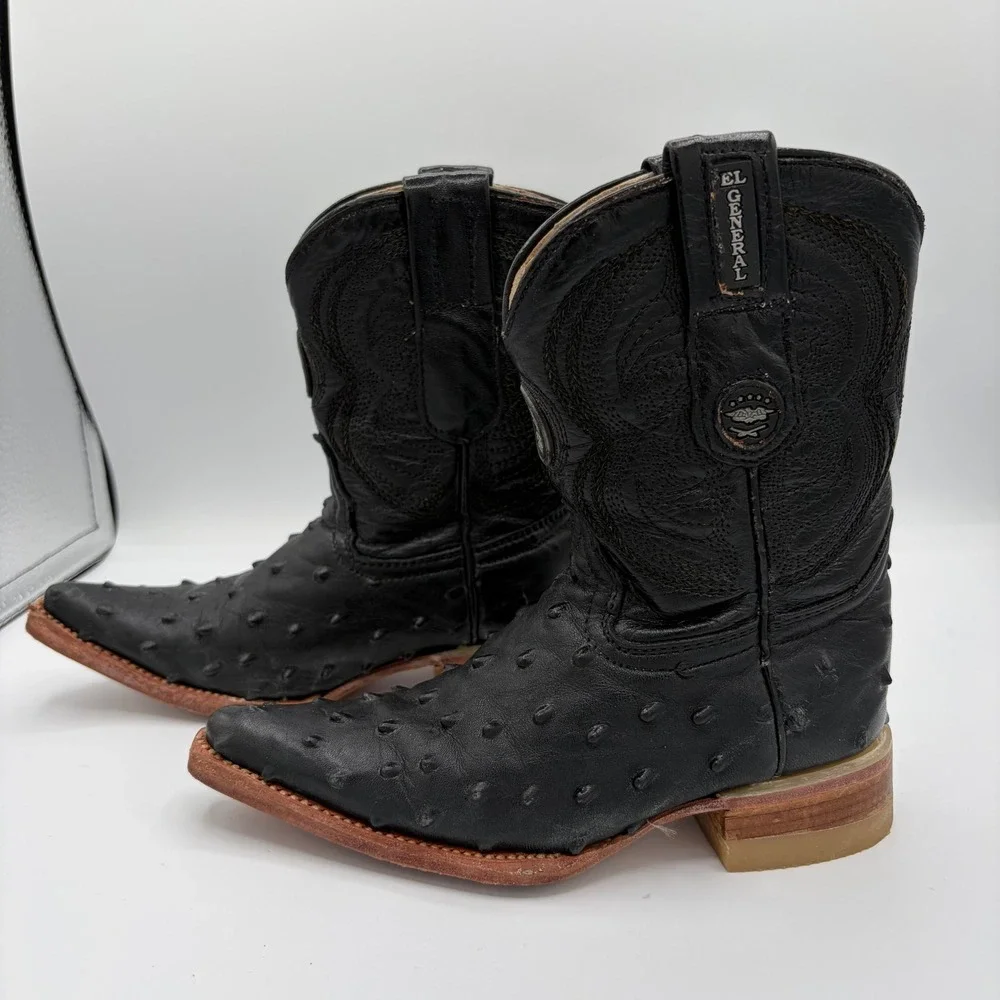 El‎ General Toddler Kids 8.5 Black Leather Ostrich Print Square Toe Cowboy Boots